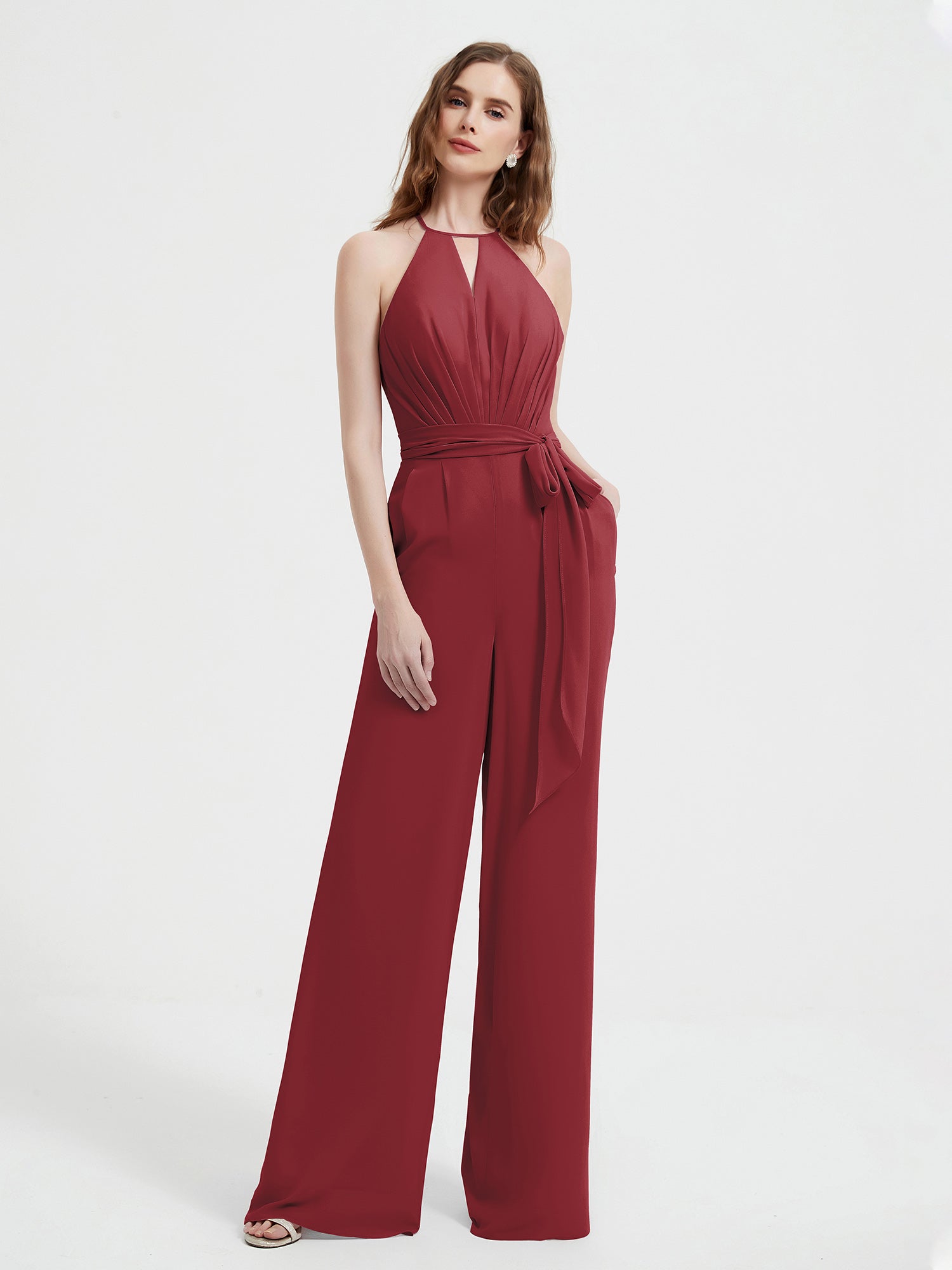 BABARONI Chiffon Cinnamon Rose Bridesmaid Dresses Halter Floor-length Sleeveless Sash Bow Pocket Pleated, Cinnamon Rose / US18