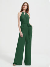 Halter Neckline Sleeveless Pleated Jumpsuit With Sash Dark Green