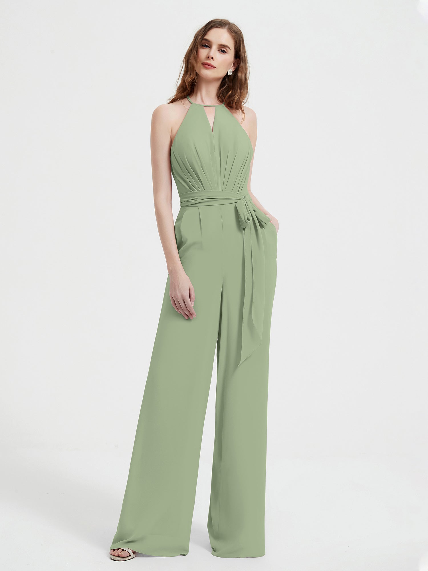 Halter Neckline Sleeveless Pleated Jumpsuit With Sash Dusty Sage