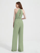 Halter Neckline Sleeveless Pleated Jumpsuit With Sash Dusty Sage