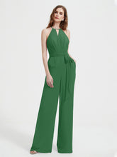 Halter Neckline Sleeveless Pleated Jumpsuit With Sash Emerald
