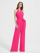 Halter Neckline Sleeveless Pleated Jumpsuit With Sash Fuchsia Plus Size