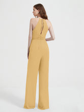 Halter Neckline Sleeveless Pleated Jumpsuit With Sash Gold
