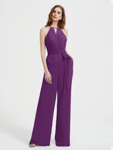 Halter Neckline Sleeveless Pleated Jumpsuit With Sash Grape