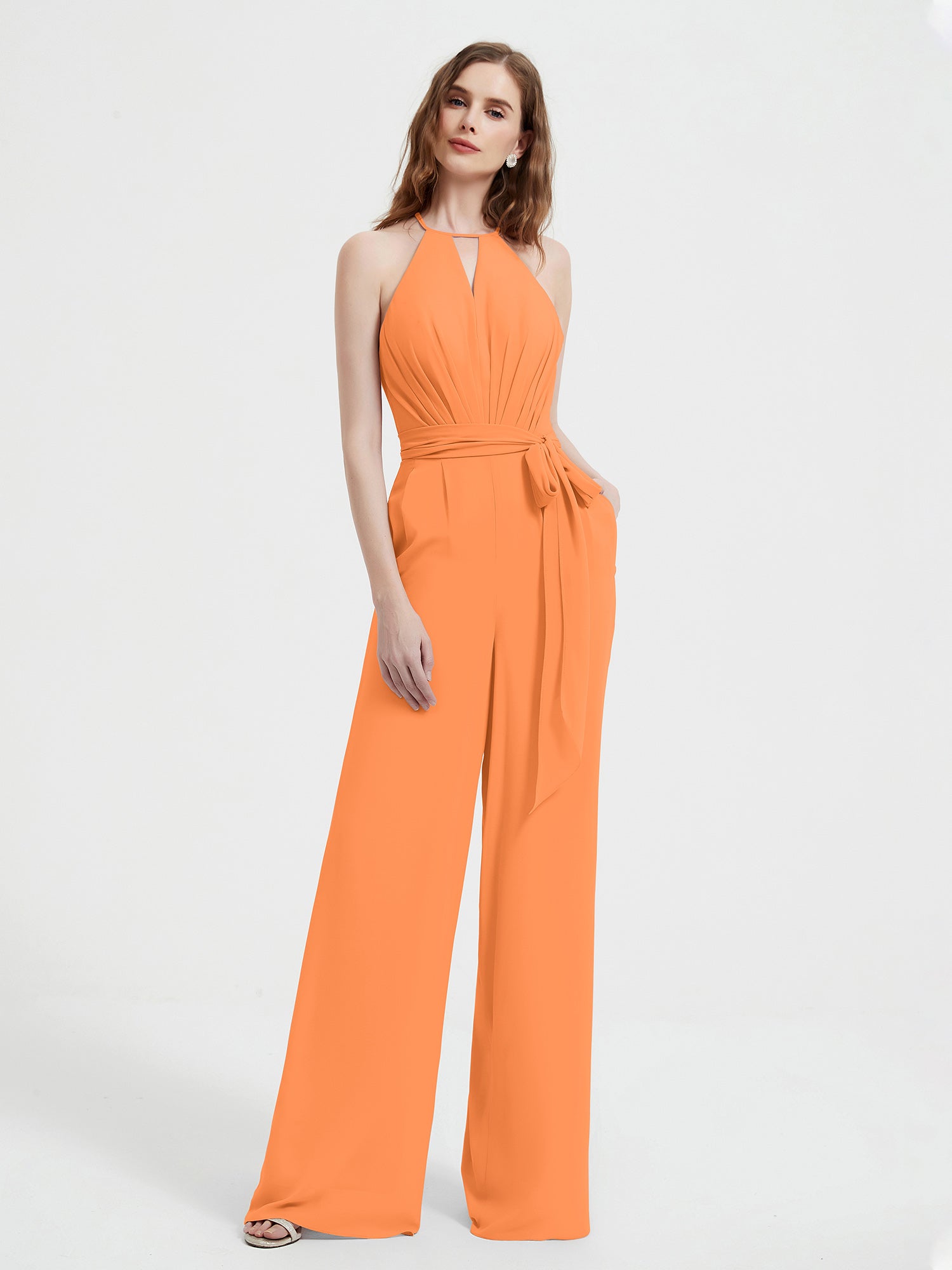 Halter Neckline Sleeveless Pleated Jumpsuit With Sash Orange Plus