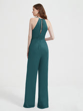 Halter Neckline Sleeveless Pleated Jumpsuit With Sash Peacock