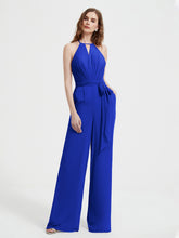 Halter Neckline Sleeveless Pleated Jumpsuit With Sash Royal Blue