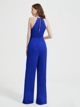 Halter Neckline Sleeveless Pleated Jumpsuit With Sash Royal Blue