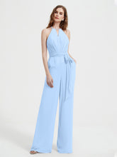 Halter Neckline Sleeveless Pleated Jumpsuit With Sash Sky Blue