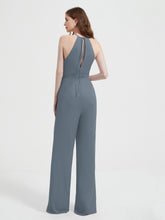 Halter Neckline Sleeveless Pleated Jumpsuit With Sash Slate Blue
