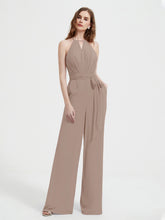 Halter Neckline Sleeveless Pleated Jumpsuit With Sash Taupe