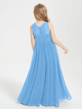 Long Junior Bridesmaid Dresses Illusion Lace Top Blue