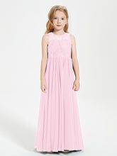 Long Junior Bridesmaid Dresses Illusion Lace Top Candy Pink
