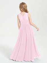 Long Junior Bridesmaid Dresses Illusion Lace Top Candy Pink