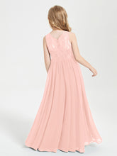 Long Junior Bridesmaid Dresses Illusion Lace Top Coral