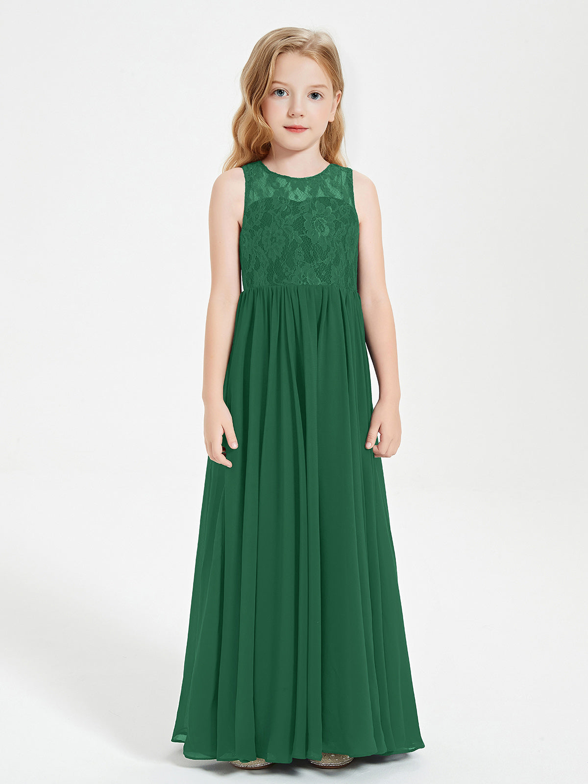 BABARONI Long Junior Bridesmaid Dresses Illusion Lace Top Dark Green, Dark Green / J4