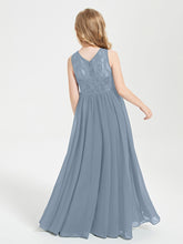 Long Junior Bridesmaid Dresses Illusion Lace Top Dusty Blue