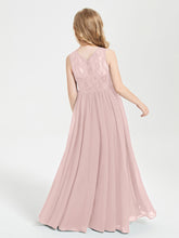 Long Junior Bridesmaid Dresses Illusion Lace Top Dusty Rose