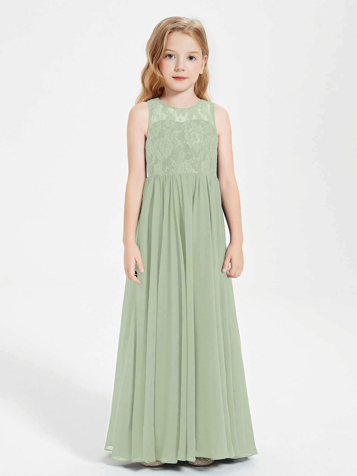 BABARONI Long Junior Bridesmaid Dresses Illusion Lace Top Dusty Sage, Dusty Sage / J4