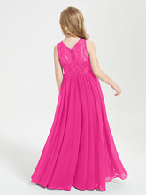 Long Junior Bridesmaid Dresses Illusion Lace Top Fuchsia