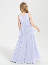Long Junior Bridesmaid Dresses Illusion Lace Top Lavender