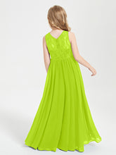 Long Junior Bridesmaid Dresses Illusion Lace Top Lime Green