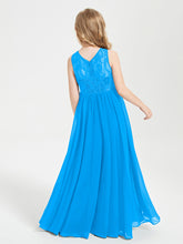 Long Junior Bridesmaid Dresses Illusion Lace Top Ocean Blue
