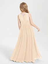Long Junior Bridesmaid Dresses Illusion Lace Top Peach