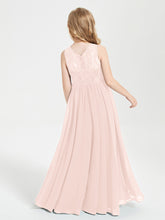 Long Junior Bridesmaid Dresses Illusion Lace Top Pearl Pink