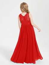 Long Junior Bridesmaid Dresses Illusion Lace Top Red