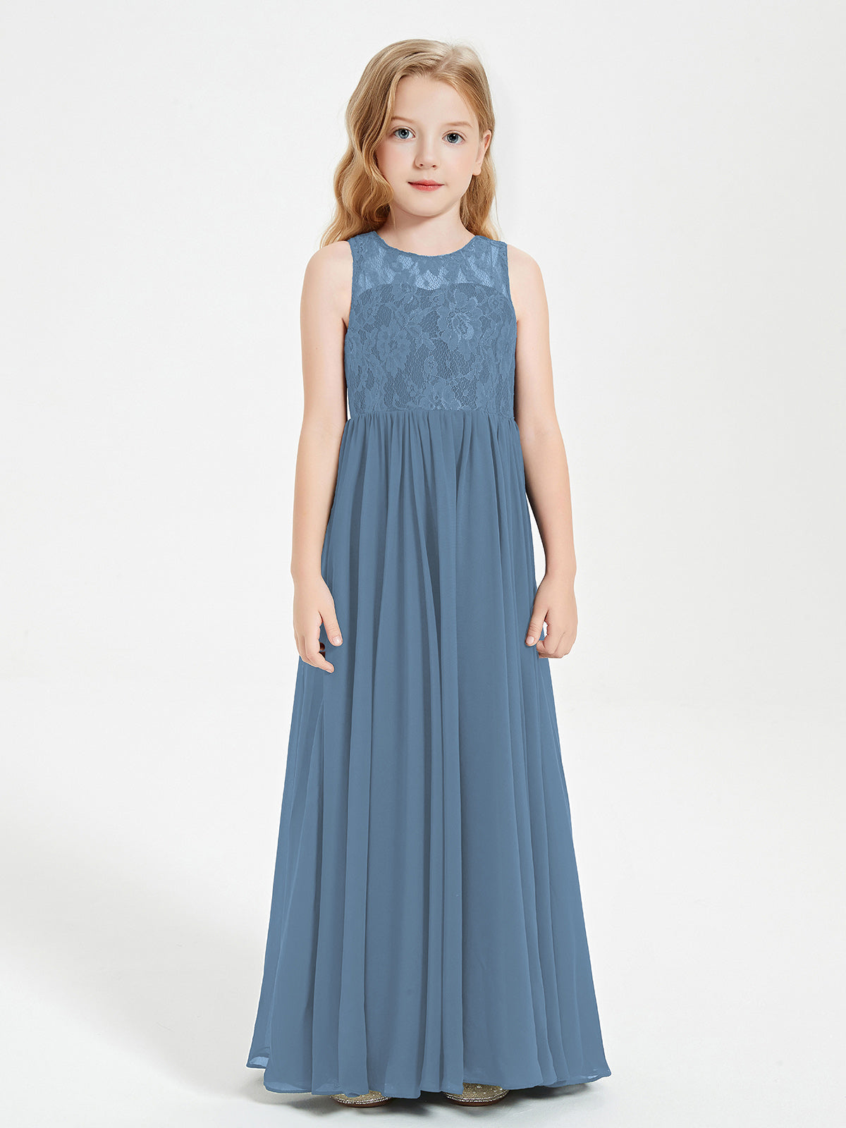 BABARONI Long Junior Bridesmaid Dresses Illusion Lace Top Slate Blue, Slate Blue / J4 BABARONI Long Junior Bridesmaid Dresses Illusion Lace Top Slate Blue, Slate Blue / J4