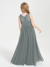 Long Junior Bridesmaid Dresses Illusion Lace Top Steel Grey