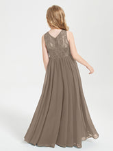 Long Junior Bridesmaid Dresses Illusion Lace Top Taupe