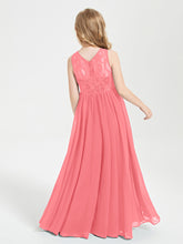 Long Junior Bridesmaid Dresses Illusion Lace Top Watermelon