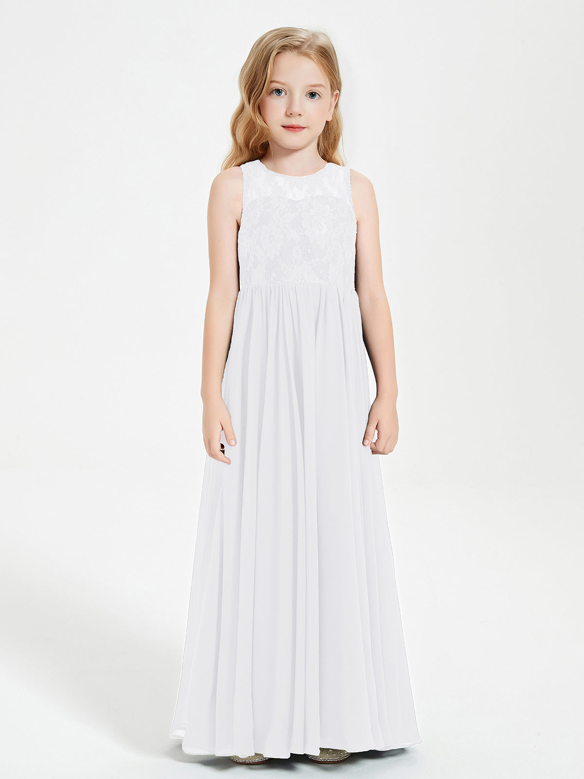 BABARONI Chiffon White Junior Bridesmaid Dresses A-line Illusion