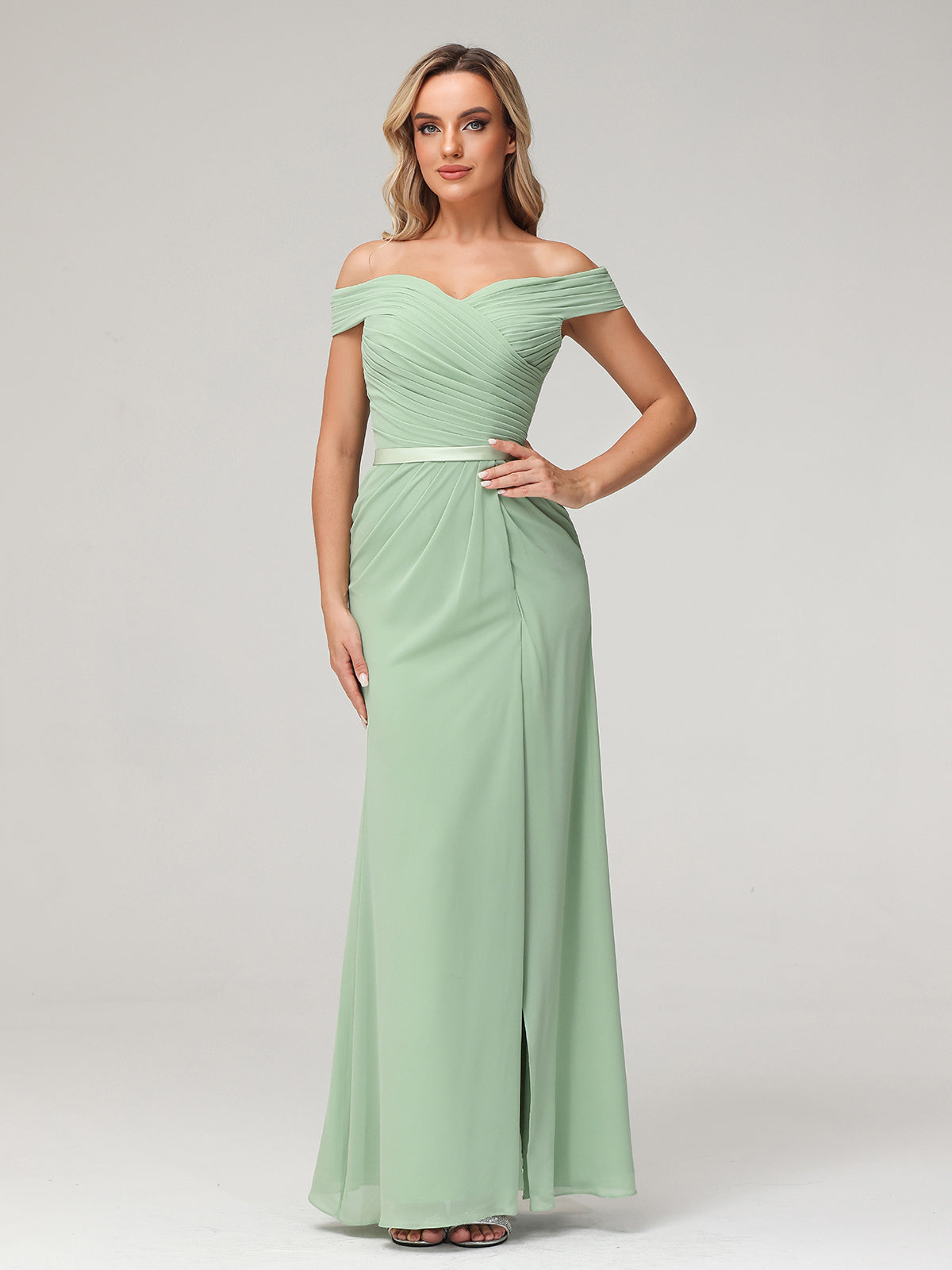 sage green off the shoulder bridesmaid dress BABARONI Chiffon Off Shoulder Dresses with Slit-Dusty Sage, Dusty Sage / US0