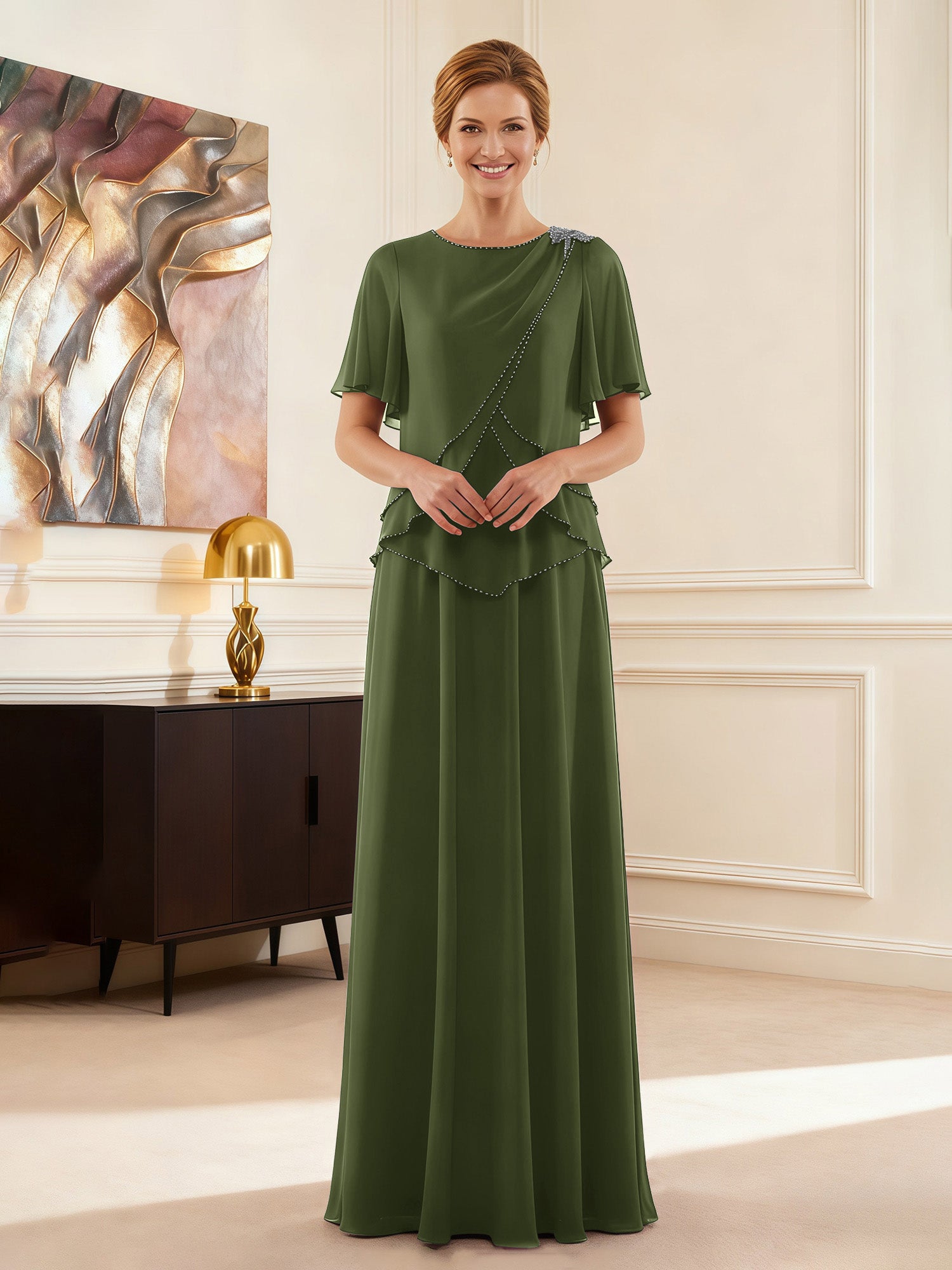BABARONI Chiffon Olive Green Mother of the Bride Dresses A-line Jewel