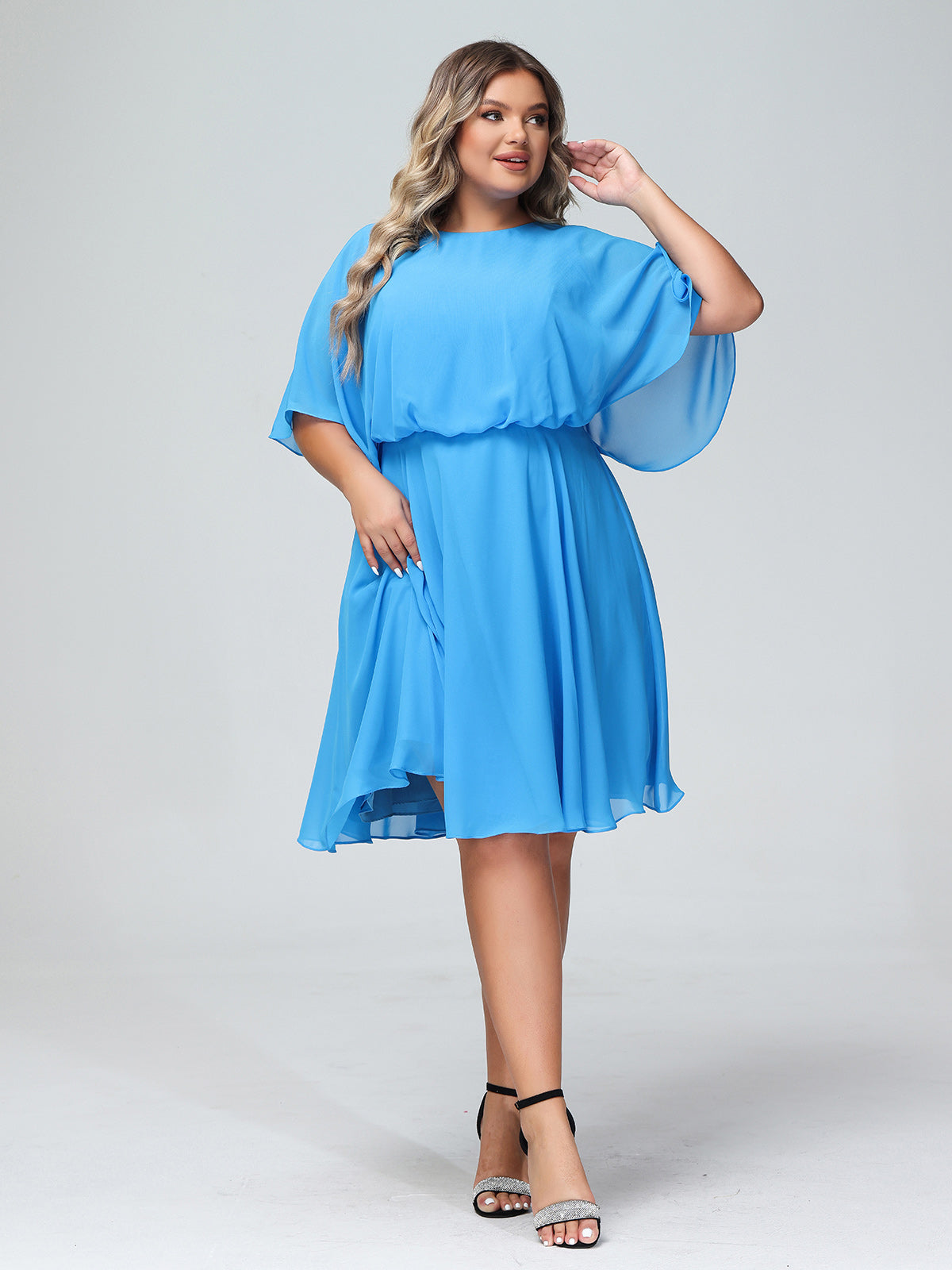 BABARONI Chiffon Ocean Blue Bridesmaid Dresses Jewel Knee-length Half  Sleeve Ruffle A-line