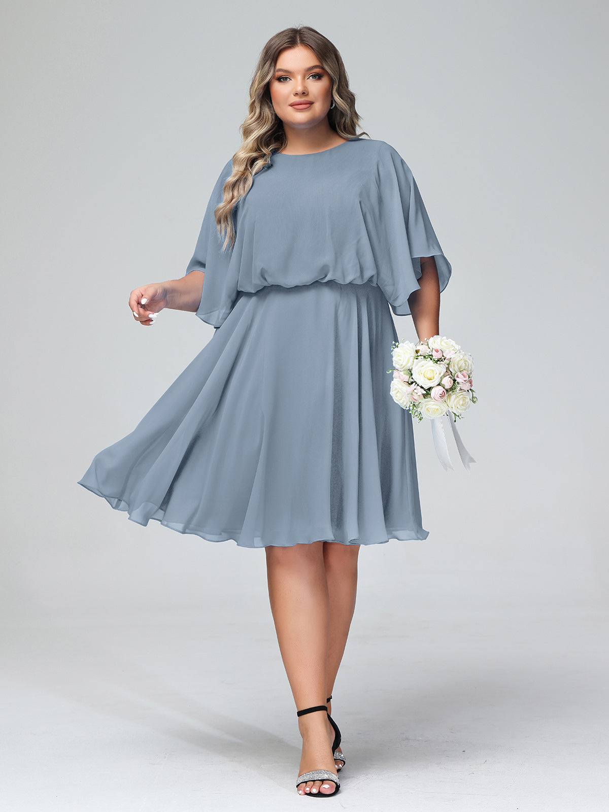Dusty Blue Plus Size Chiffon Bridesmaid Dress Scoop Neck Flutter Sleeve Short Gown