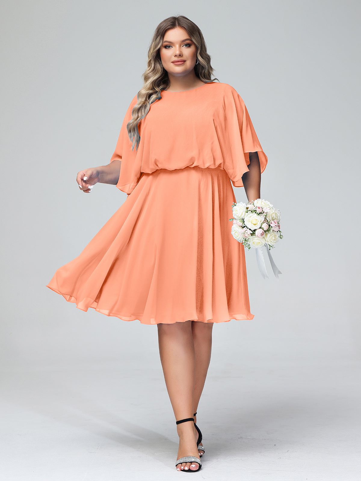 Spaghetti Strap Chiffon Dresses with Shoulder Ruffles Papaya Plus Size