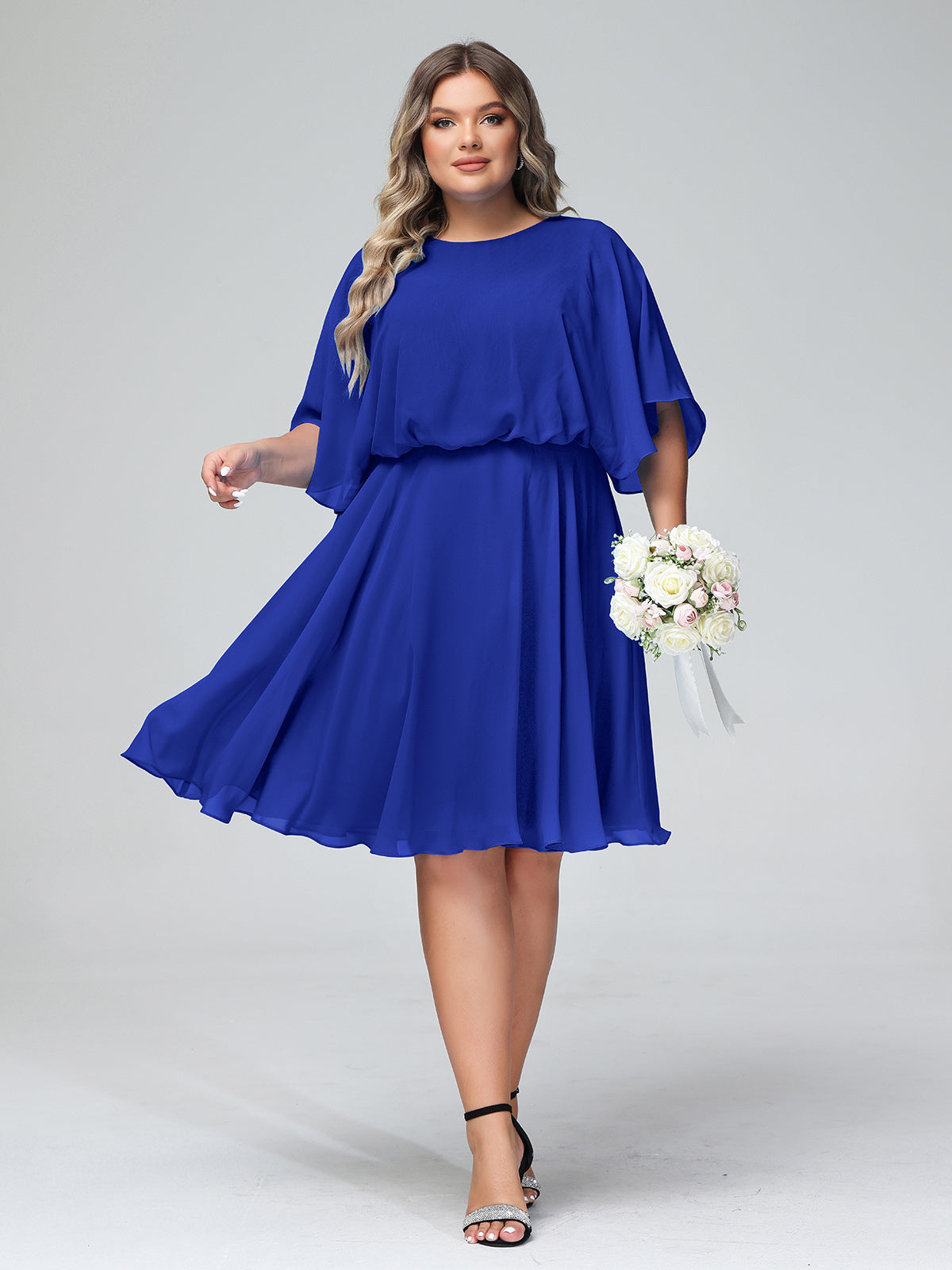 Scoop Neck Flutter Sleeves Short Chiffon Dresses-Royal Blue Plus Size