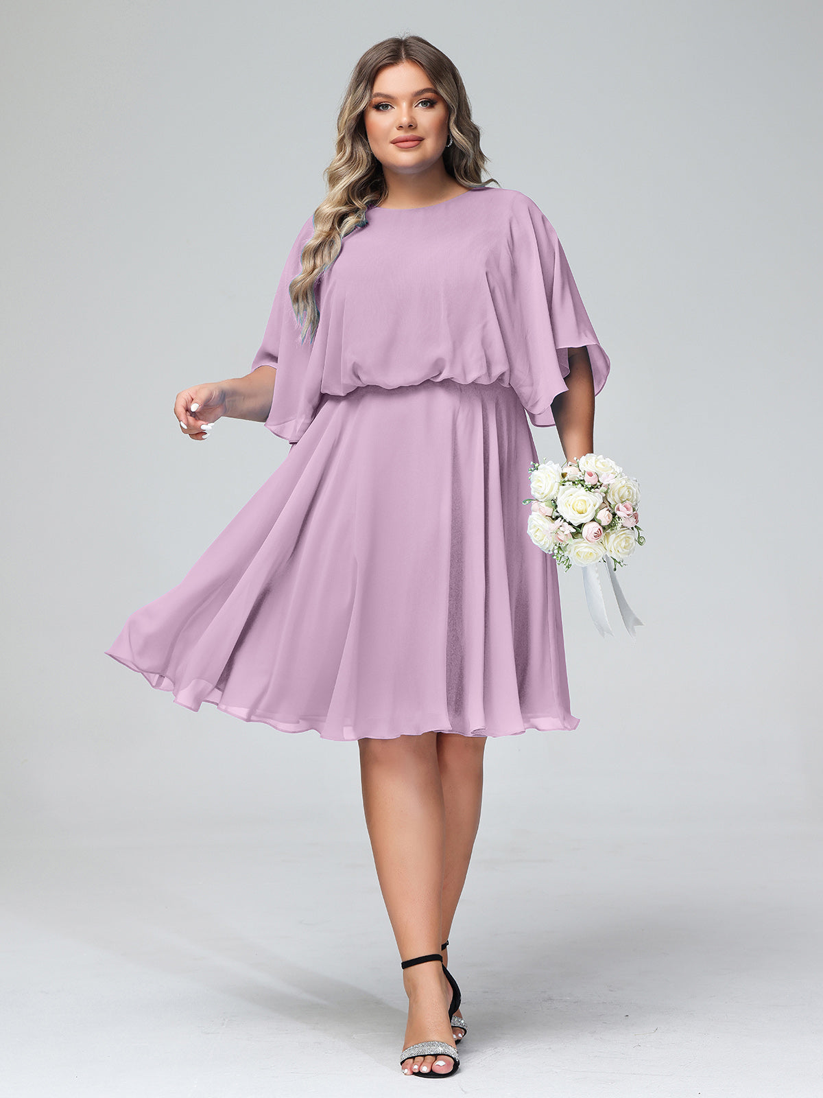 Flowy Scoop Chiffon Cape Lace Floor-length Dress Wisteria