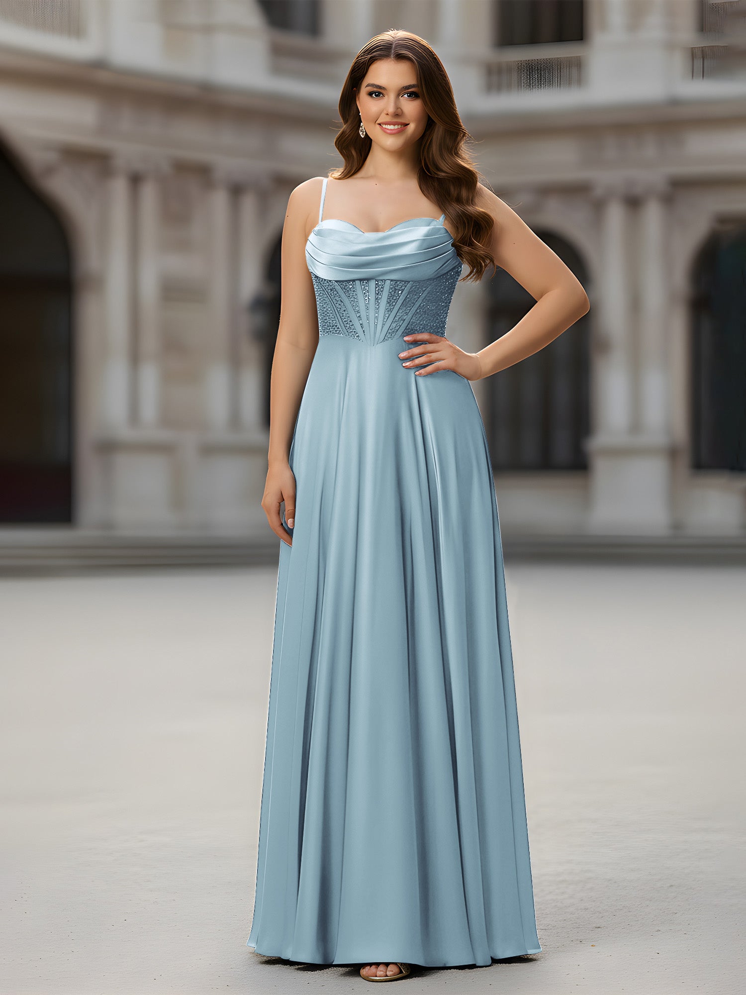 BABARONI Satin Dusty Blue Prom Dresses A-line Sweetheart Pleated Beaded