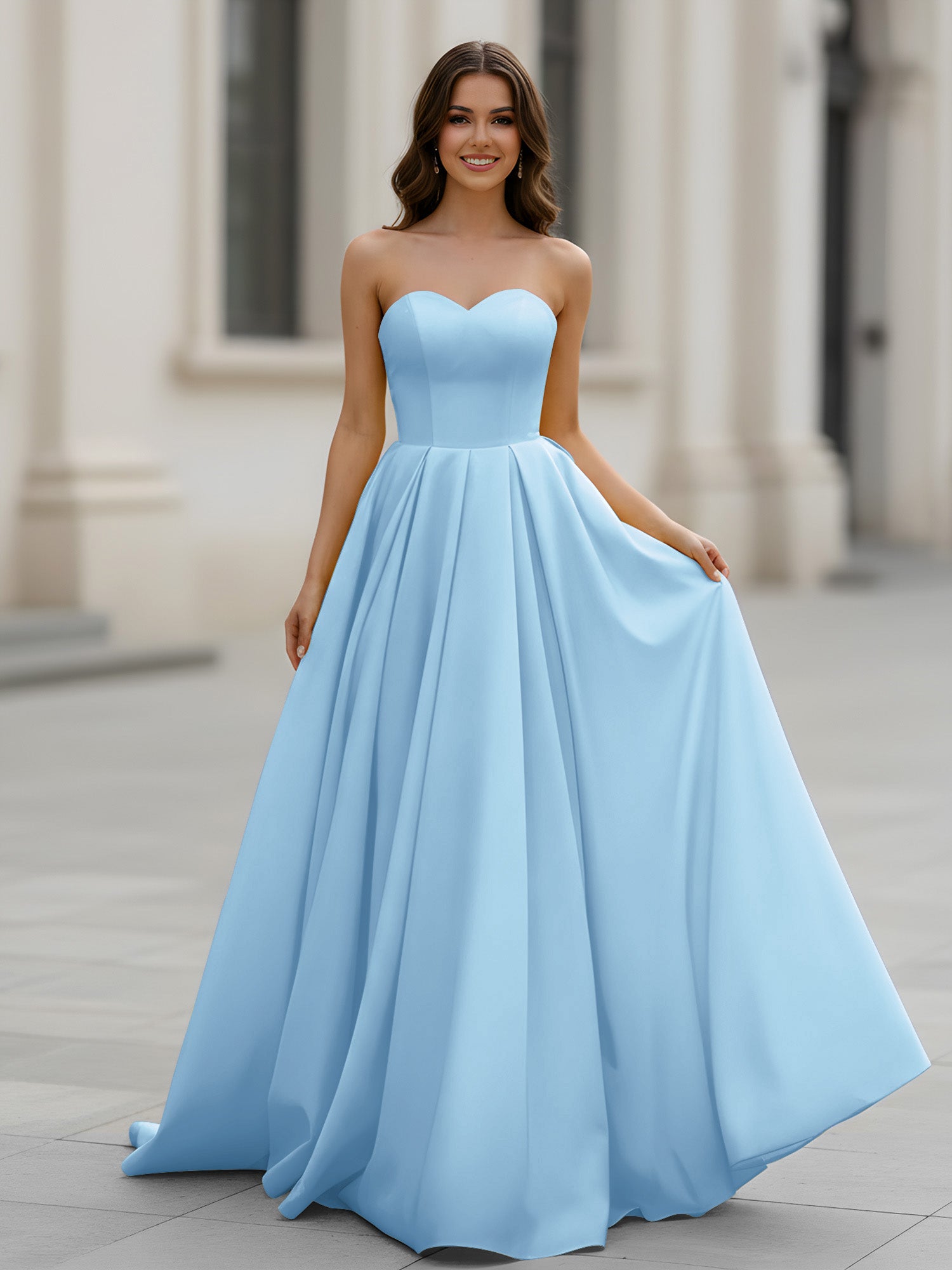 BABARONI Satin Sky Blue Prom Dresses A-line Sweetheart Sleeveless Ruched