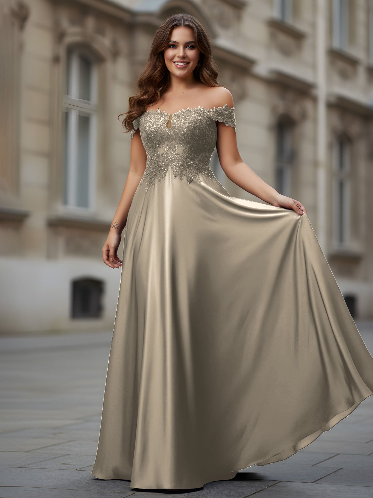 BABARONI Satin Taupe Prom Dresses A-line Off-the-shoulder Appliqued