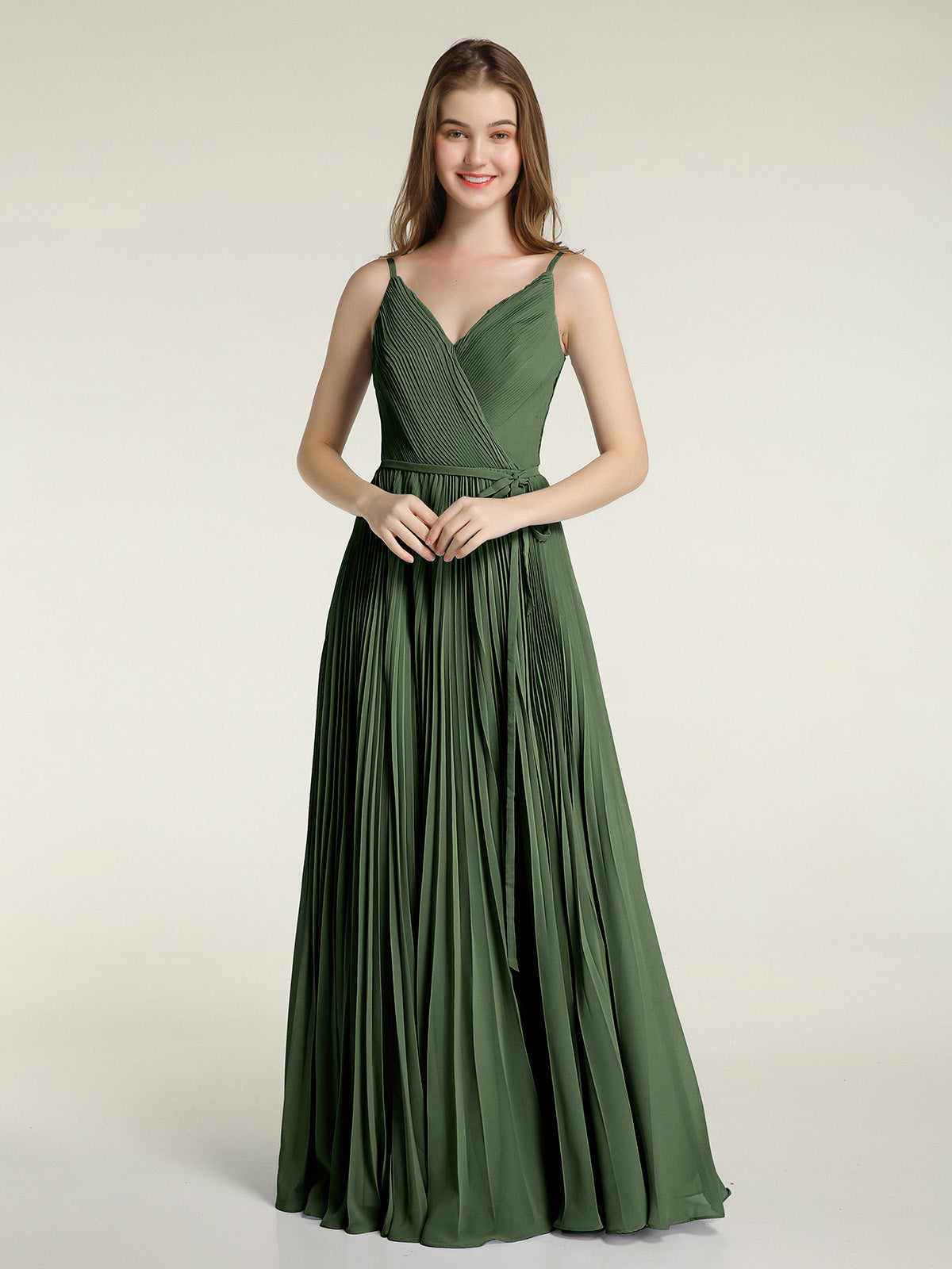 BABARONI V-Neck Full Pleated Skirt Dresses with Bow Sash-Olive Green, Olive Green / US0