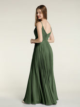 V-neck Full Pleated Skirt Dresses with Bow Sash-Olive Green