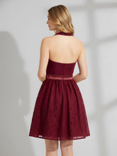 Halter V-neck Lace Dress with Satin Sash-Burgundy