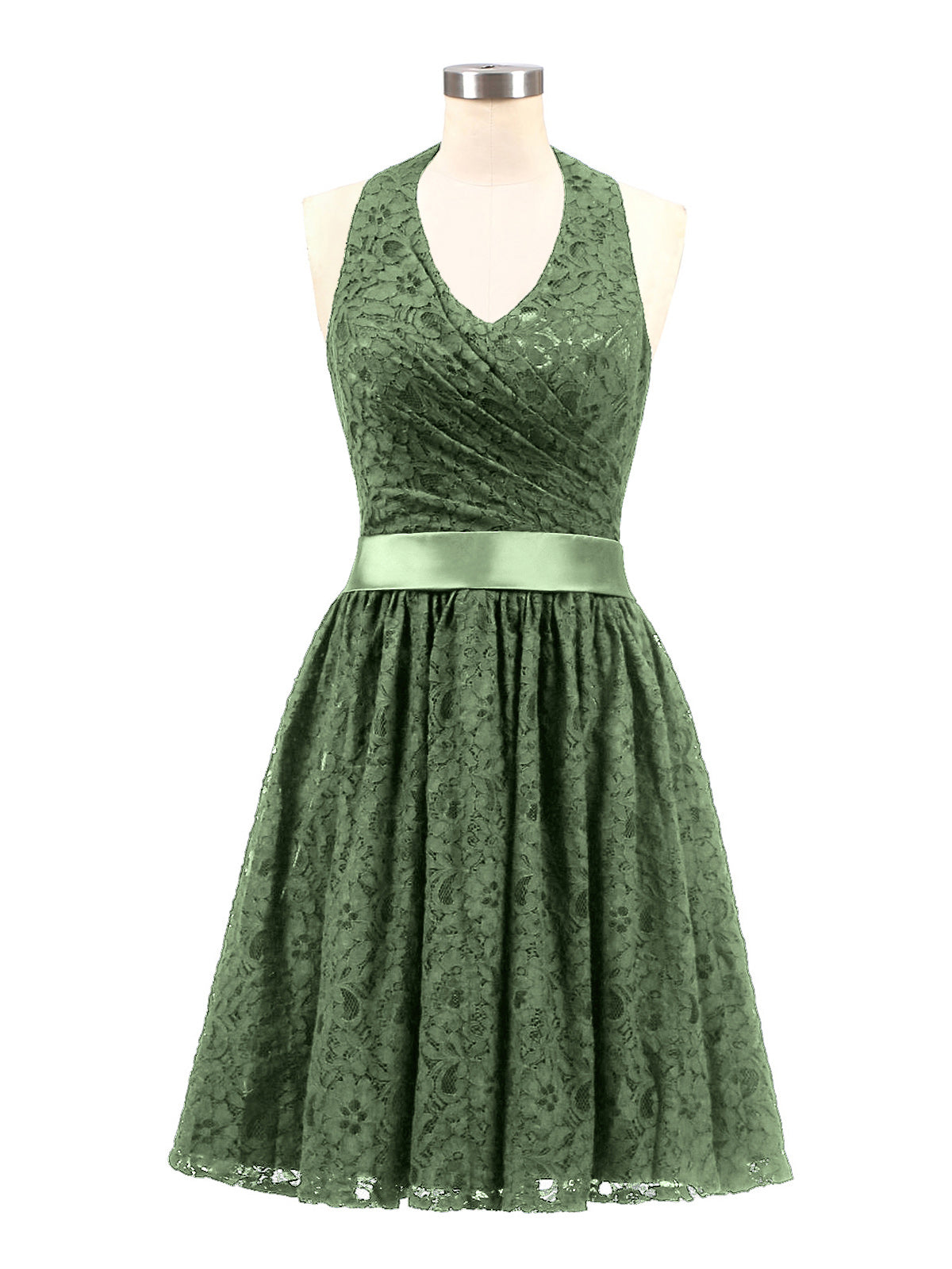 BABARONI Lace Olive Green Bridesmaid Dresses Halter Short/Mini Sleeveless Ruched A-line, Olive Green / US0