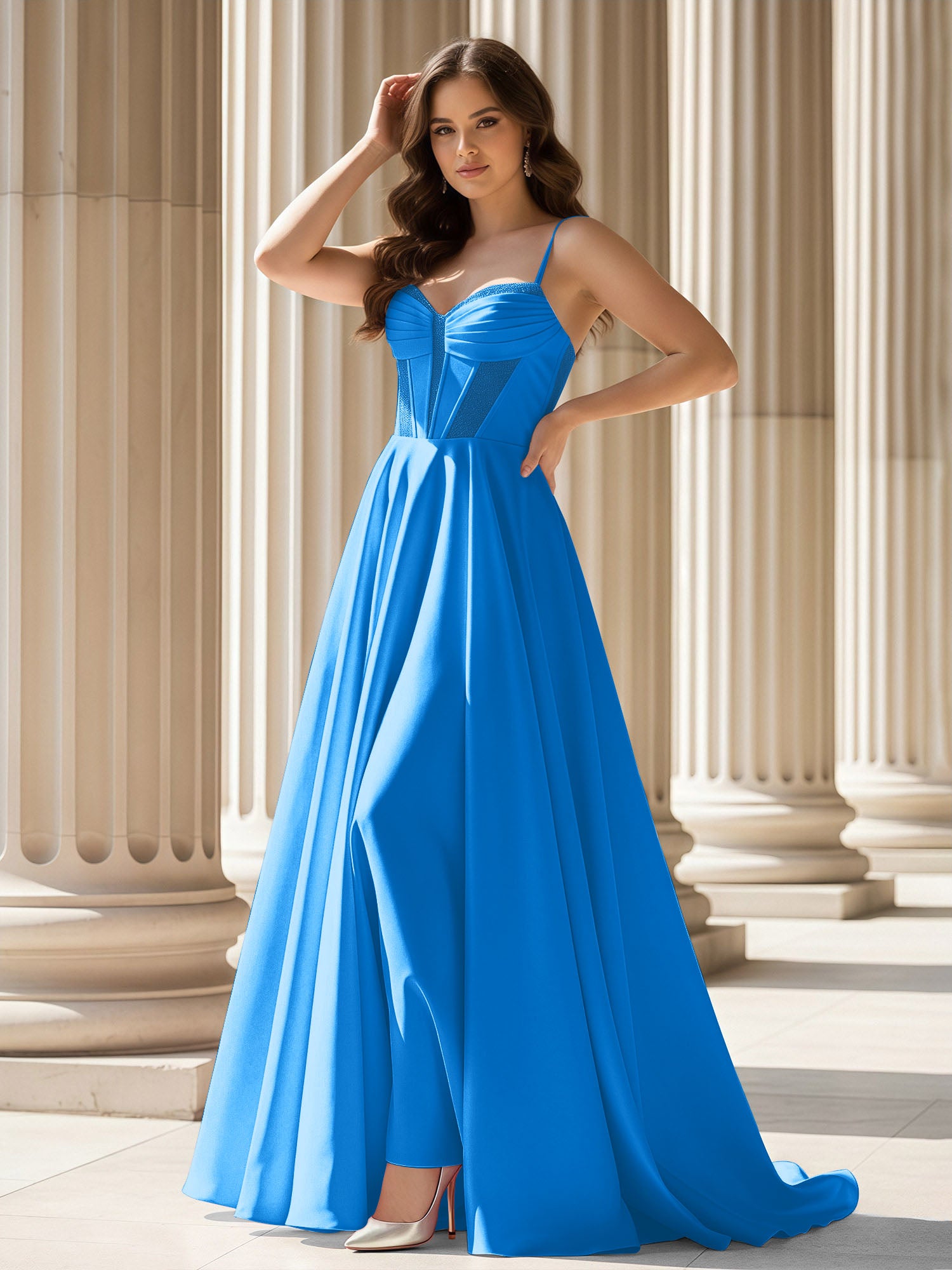 BABARONI Satin Ocean Blue Prom Dresses A-line Sweetheart Pleated